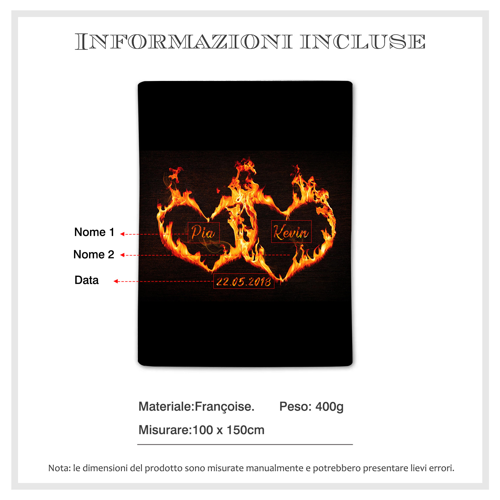Pareja-Manta de buen calidad de fuego de amor personalizada con nombres y fecha-Jessemade ES