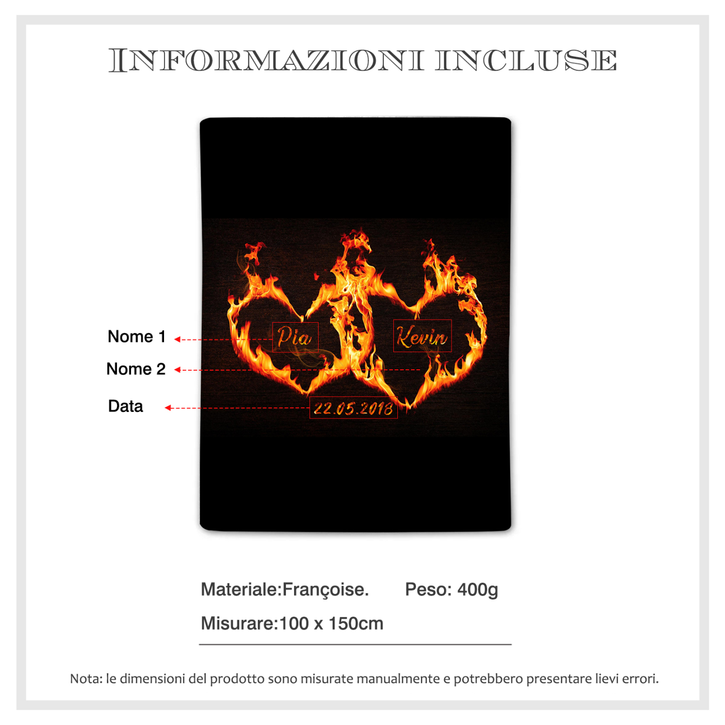 Pareja-Manta de buen calidad de fuego de amor personalizada con nombres y fecha-Jessemade ES