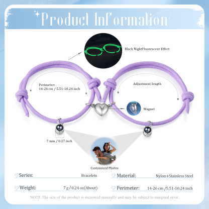 Pulsera de cuerda fluorescentepara pareja con proyección de foto con dije de corazón magnético-Jessemade ES