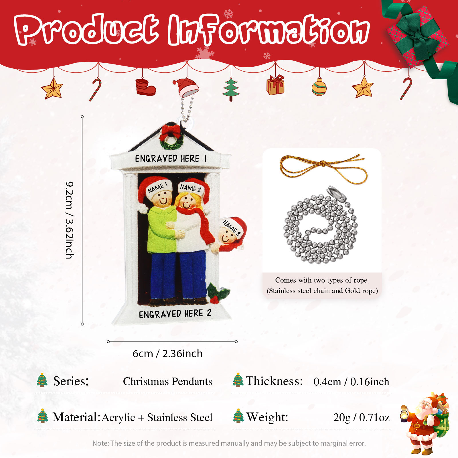 Navidad-Ornamentos Navideños de Acrílico Familia en Puerta 3 Nombres Personalizados con 2 Textos