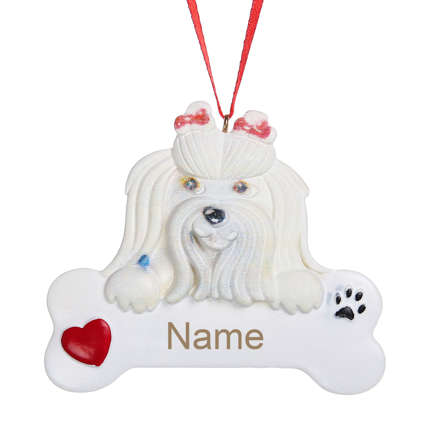 Navidad-Ornamento navideño de resina mascota perro Bichón maltés 1 nombre personalizado adorno del árbol-Jessemade ES