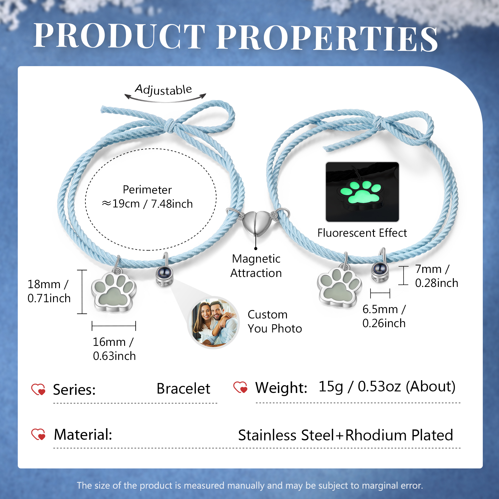 Pulsera para pareja de pata fluorescente con proyección de foto con dije de corazón magnético-Jessemade ES