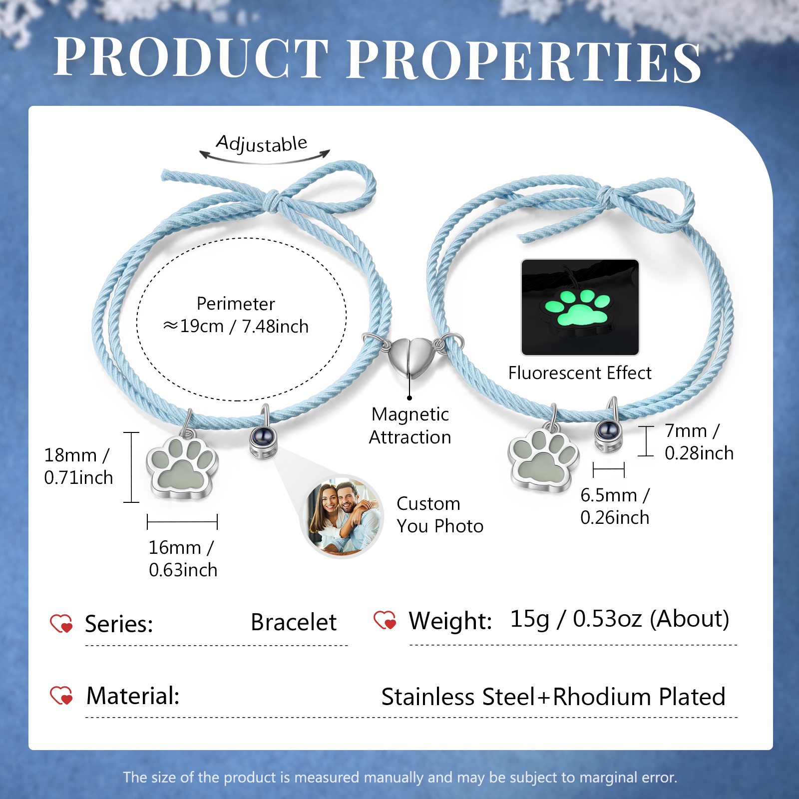 Pulsera para pareja de pata fluorescente con proyección de foto con dije de corazón magnético-Jessemade ES