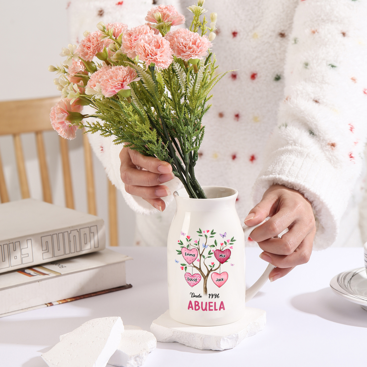 Florero de cerámica árbol de corazones 2-8 nombres personalizados con texto y año decoración del hogar-Jessemade ES