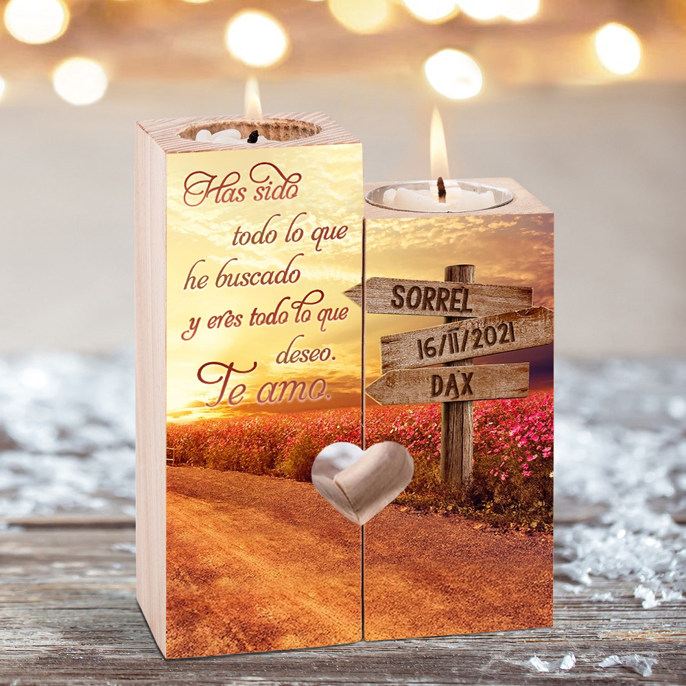 Candelero para pareja de madera de dos piezas sin candela con 2 nombres y fecha personalizados-Jessemade ES