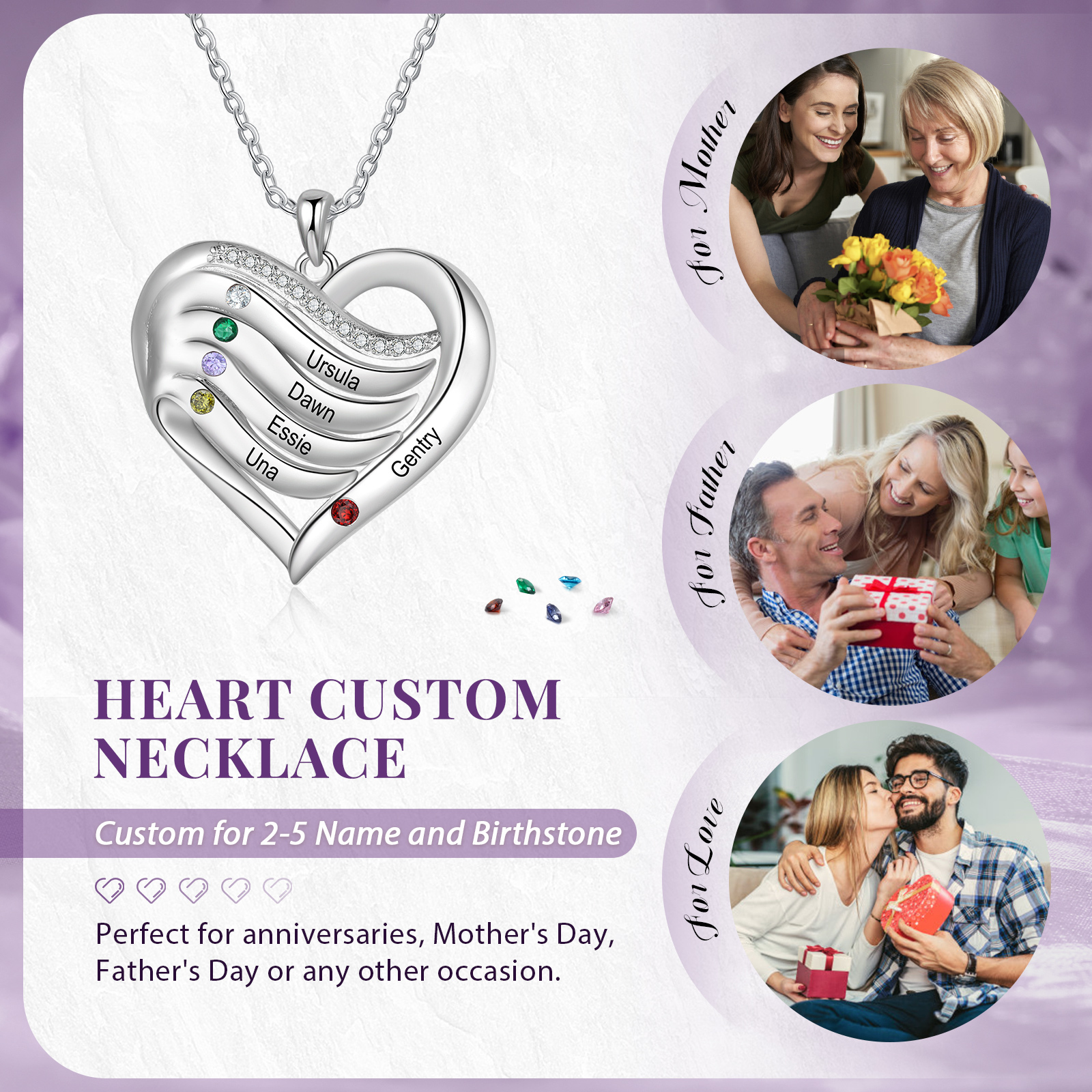Collar de corazón de plata 925 con 5 nombres y piedras de nacimiento personalizados-Jessemade ES