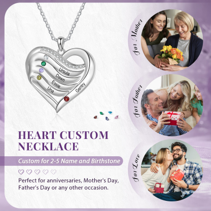 Collar de corazón de plata 925 con 5 nombres y piedras de nacimiento personalizados-Jessemade ES