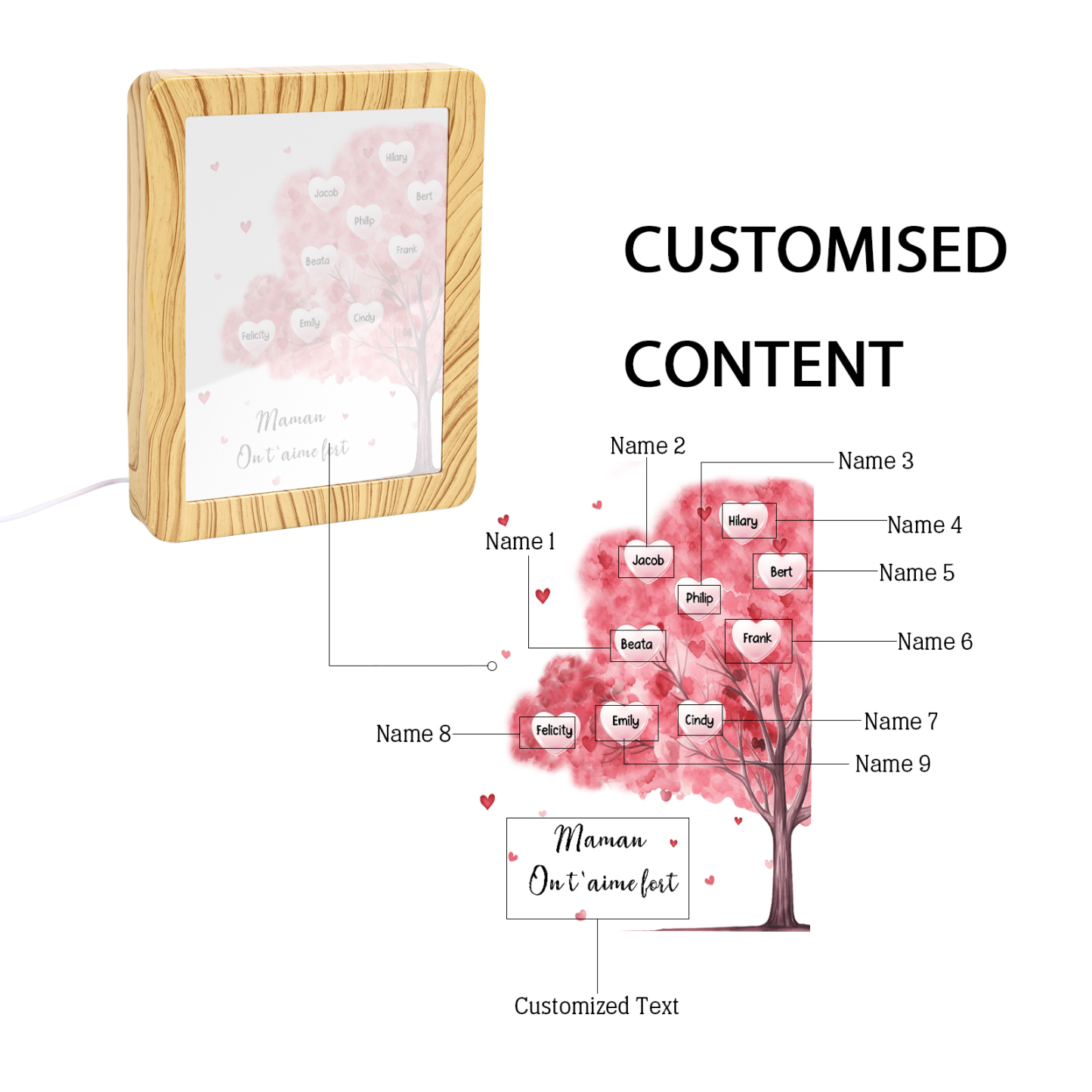 Marco/Espejo con LED Multifuncional Árbol de la Vida 1-10 Nombres Personalizados con 1 Texto-Jessemade ES