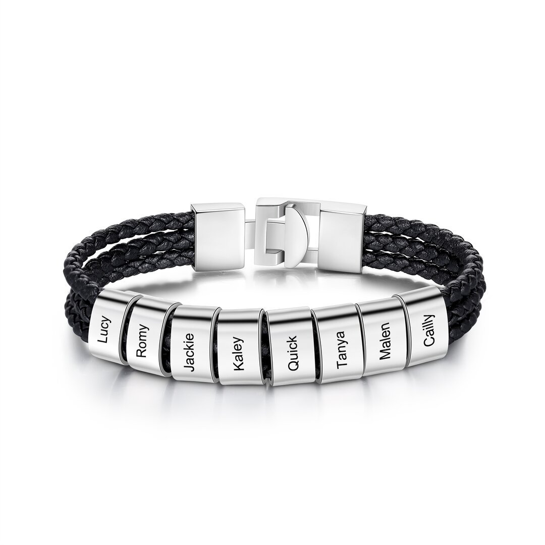 Pulsera de tres cueros trenzados 8 aros con 8 nombres personalizados pulsera de hombre-Jessemade ES