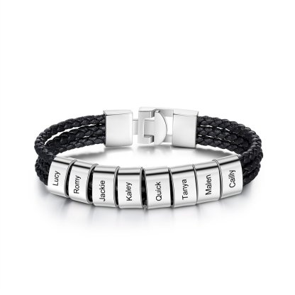 Pulsera de tres cueros trenzados 8 aros con 8 nombres personalizados pulsera de hombre-Jessemade ES