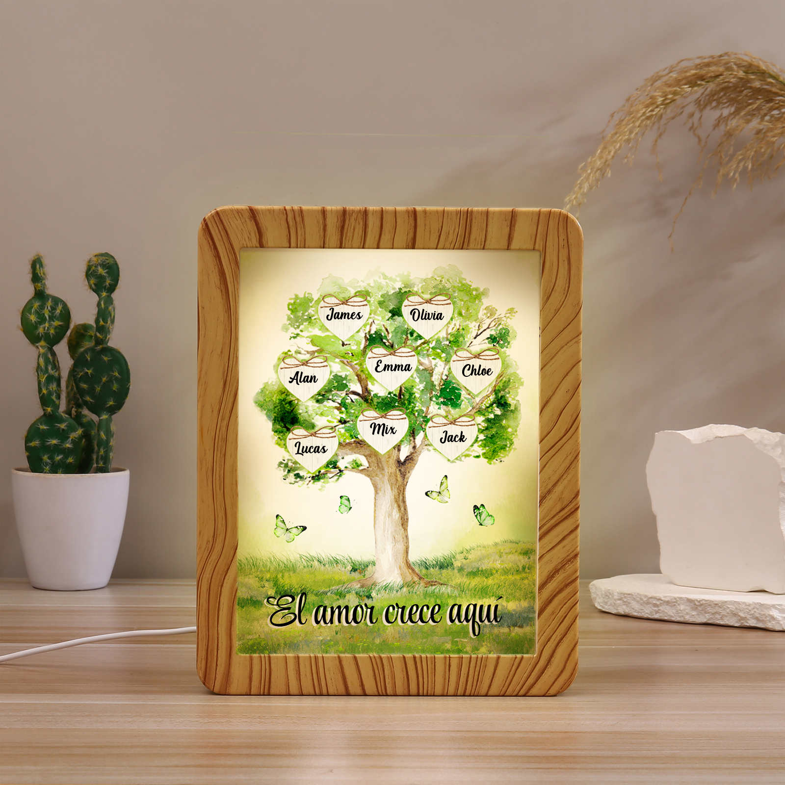 Marco/Espejo con LED Multifuncional Árbol de la Vida 2-8 Nombres Personalizados con 1 Texto-Jessemade ES