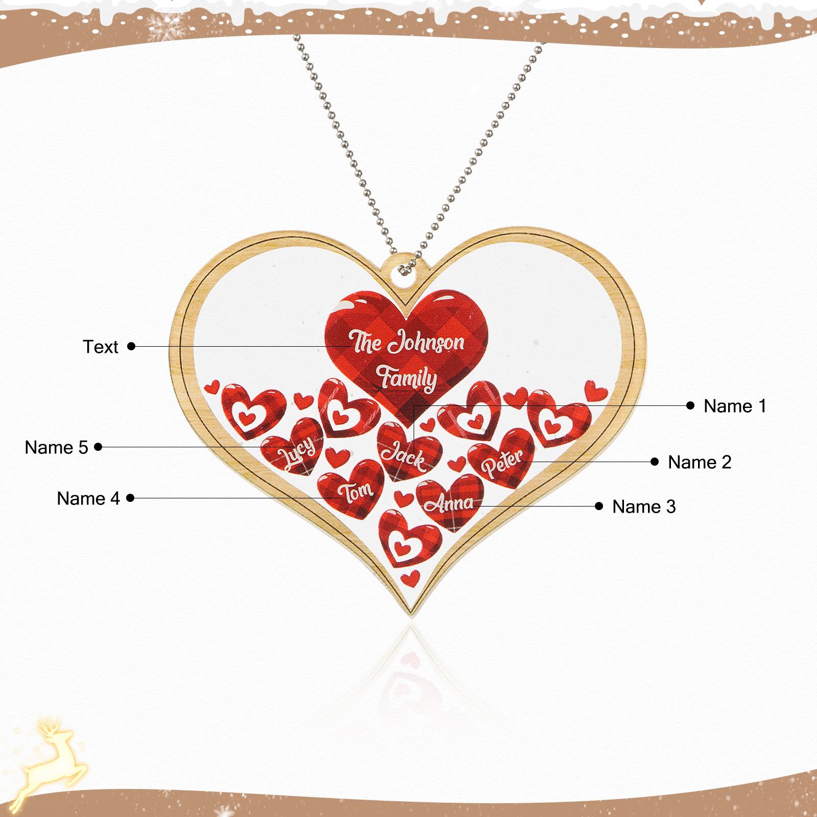 Navidad-Ornamento navideño de acrílico corazones con 5 nombres y 1 texto personalizados
