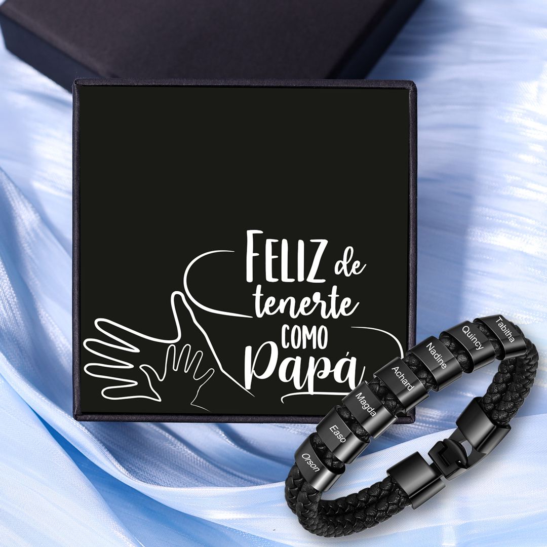 A mi papá-Pulsera de cuero trenzado Pulsera de hombre con 7 aros personalizados con 7 nombres-Jessemade ES
