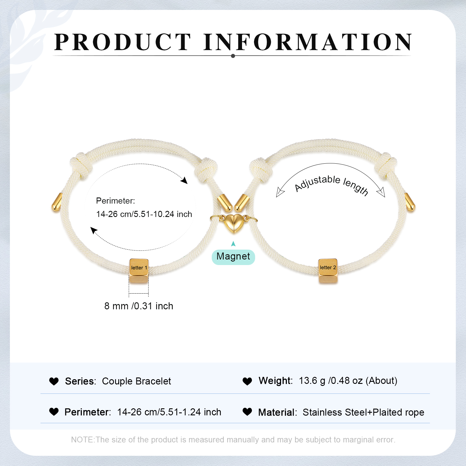 Pulseras de cuerda personalizadas para pareja con dije de corazón magnético grabado de dos letras-Jessemade ES