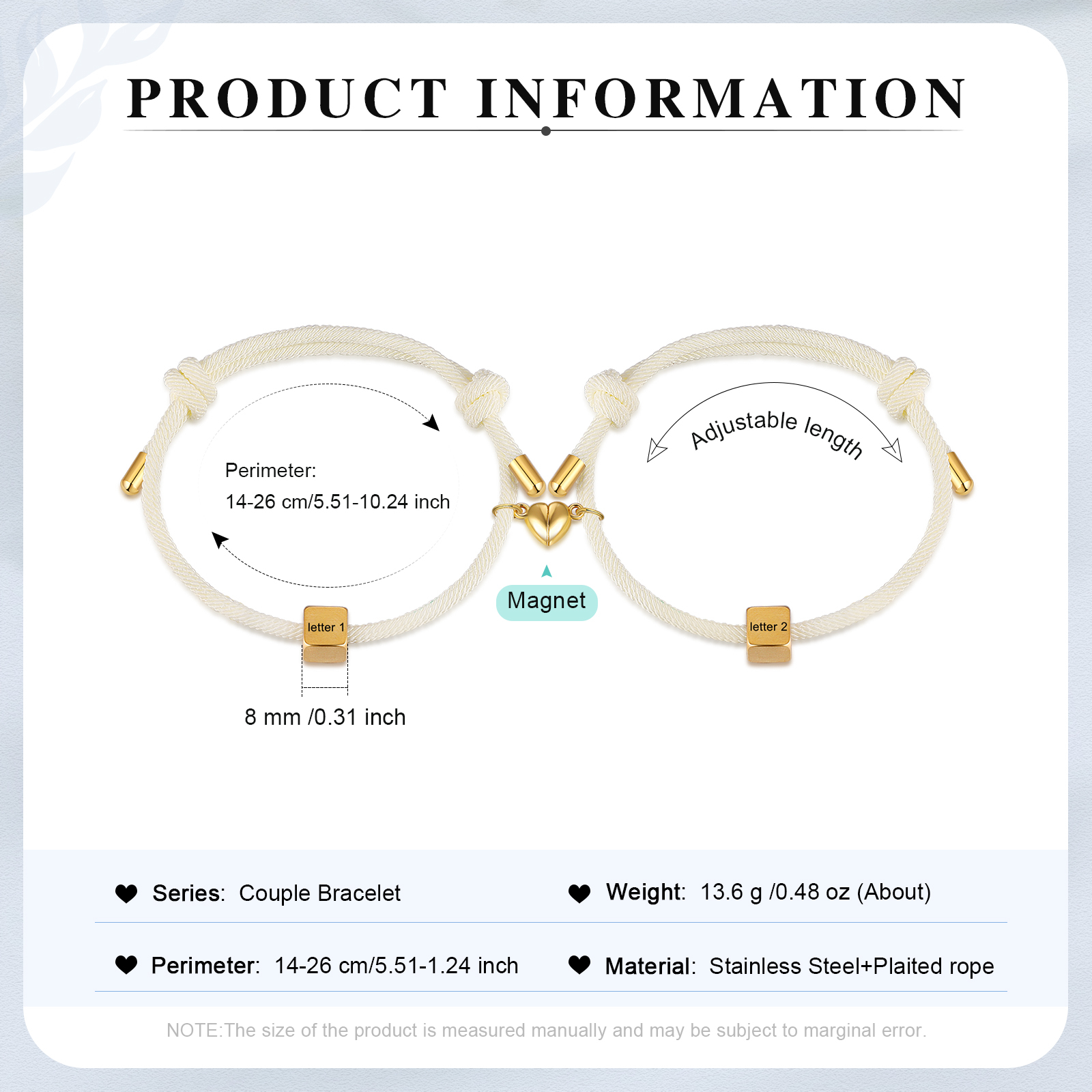 Pulseras de cuerda personalizadas para pareja con dije de corazón magnético grabado de dos letras-Jessemade ES