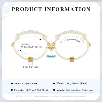 Pulseras de cuerda personalizadas para pareja con dije de corazón magnético grabado de dos letras-Jessemade ES