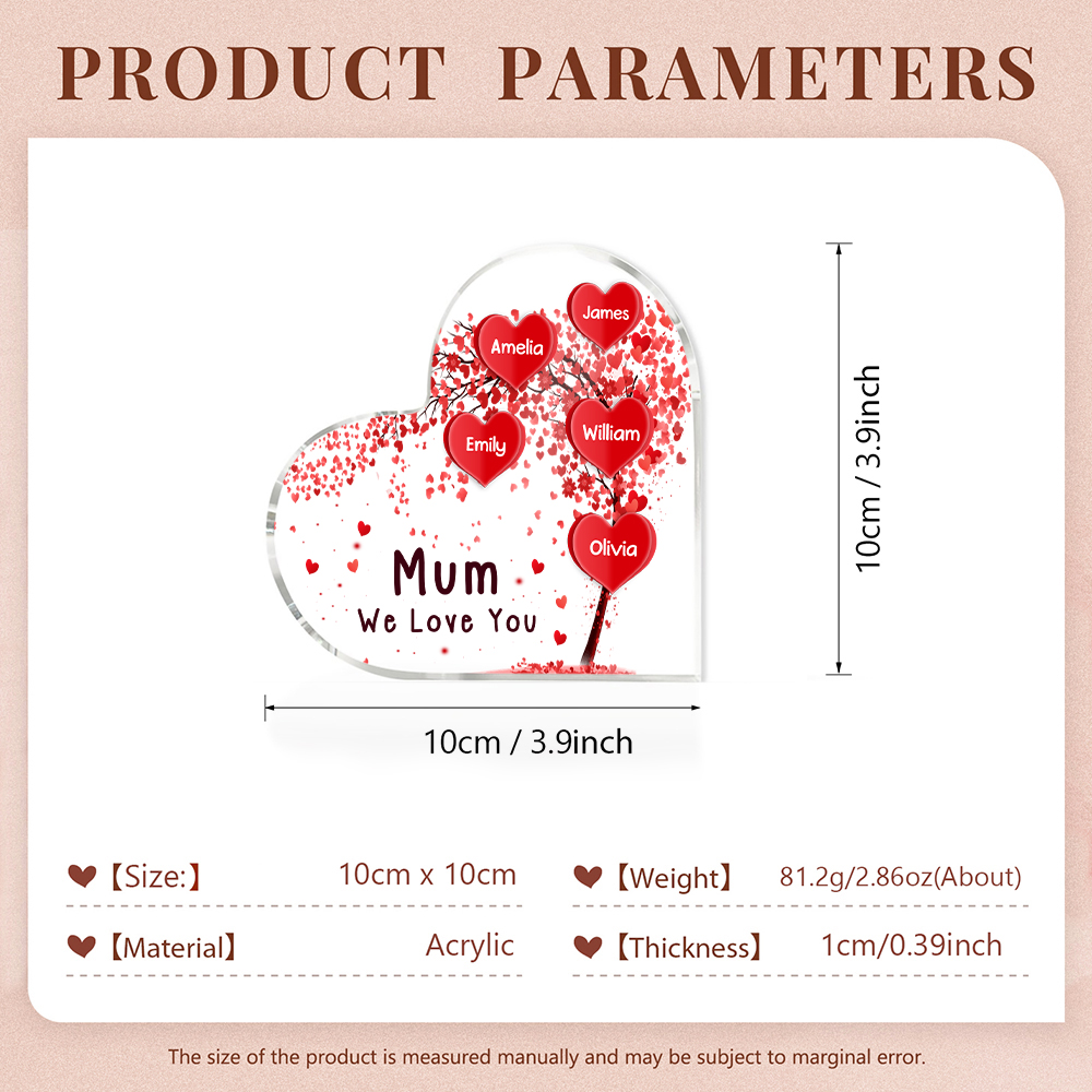 A mi mamá/abuela-Placa de acrílico "Corazones" en forma de corazón 5 nombres y 1 texto personalizados-Jessemade ES