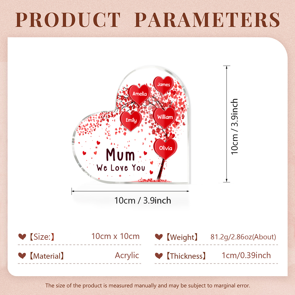 A mi mamá/abuela-Placa de acrílico "Corazones" en forma de corazón 5 nombres y 1 texto personalizados-Jessemade ES