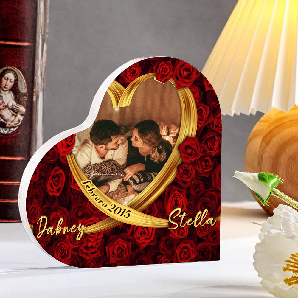Placa de acrílico en forma de corazón con fecha, 2 nombres y foto personalizados-Jessemade ES
