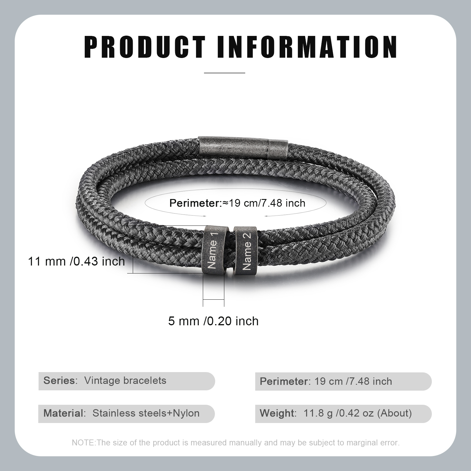2-4 Nombres Personalizados Pulsera de Triple Cuerda Gris Aros de Acero Inoxidable-Jessemade ES