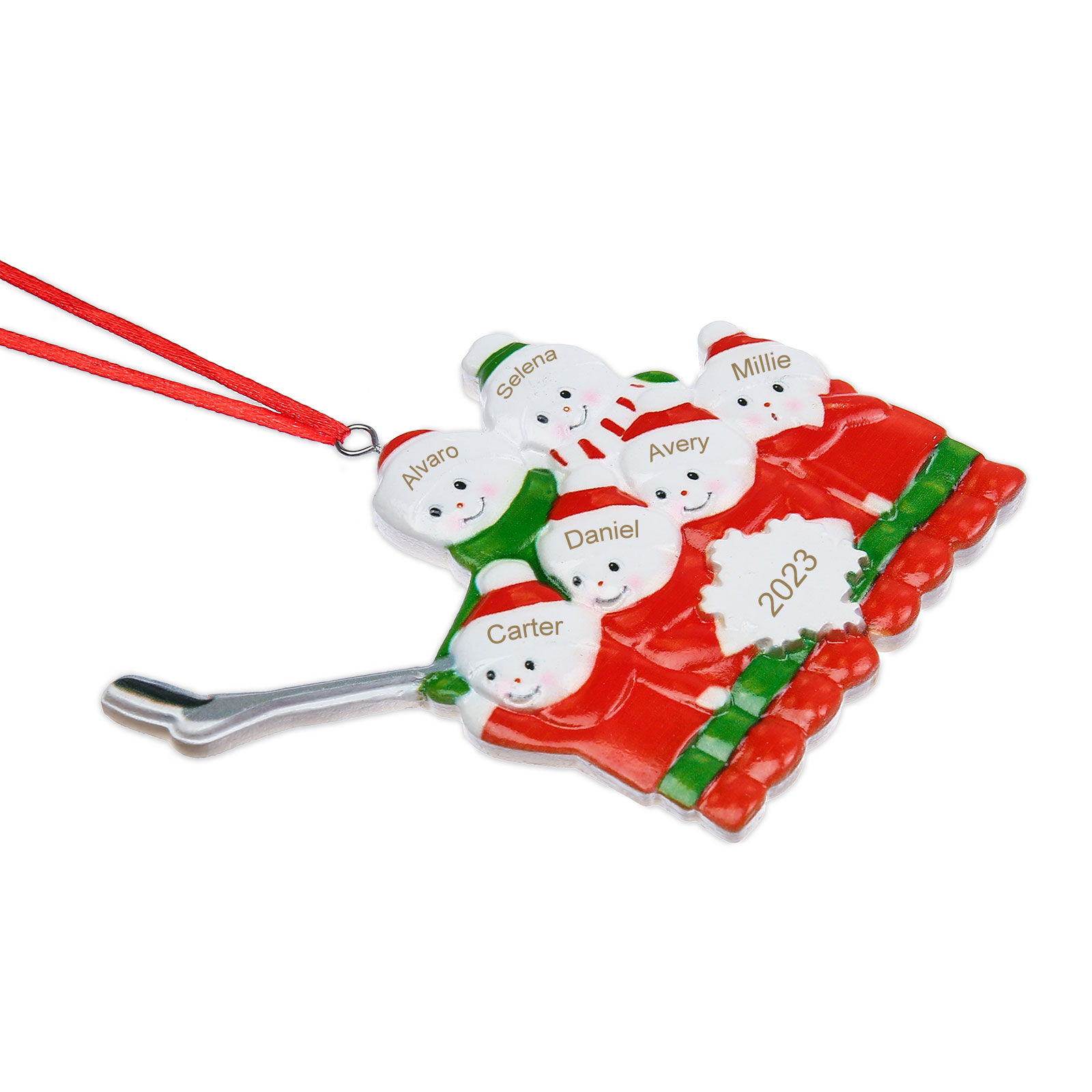 Navidad-Ornamento muñecos navideño de resina Esquiar año y 6 nombres personalizados adorno del árbol