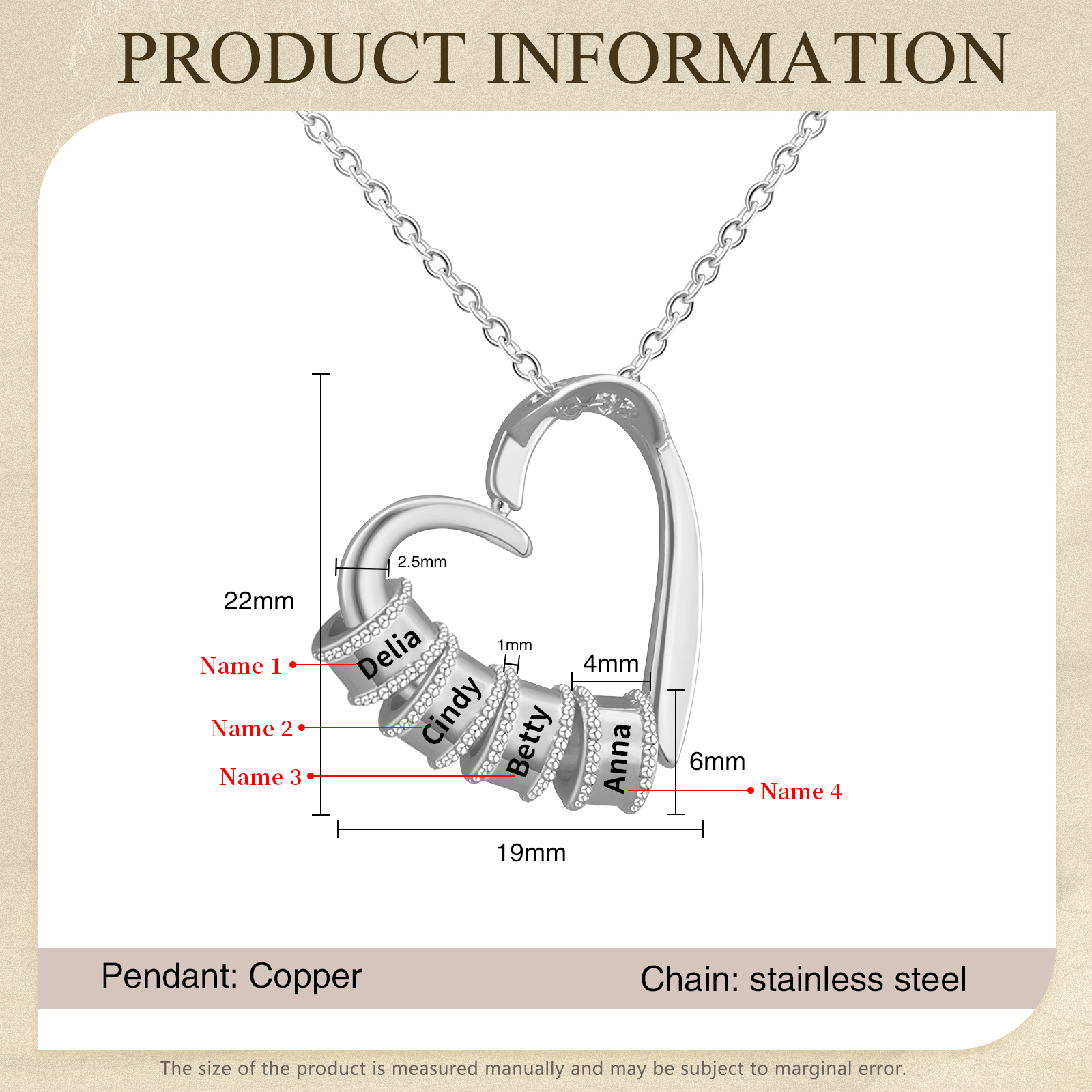 Collar colgante de corazón con 4 nombres personalizados en 4 aros-Jessemade ES