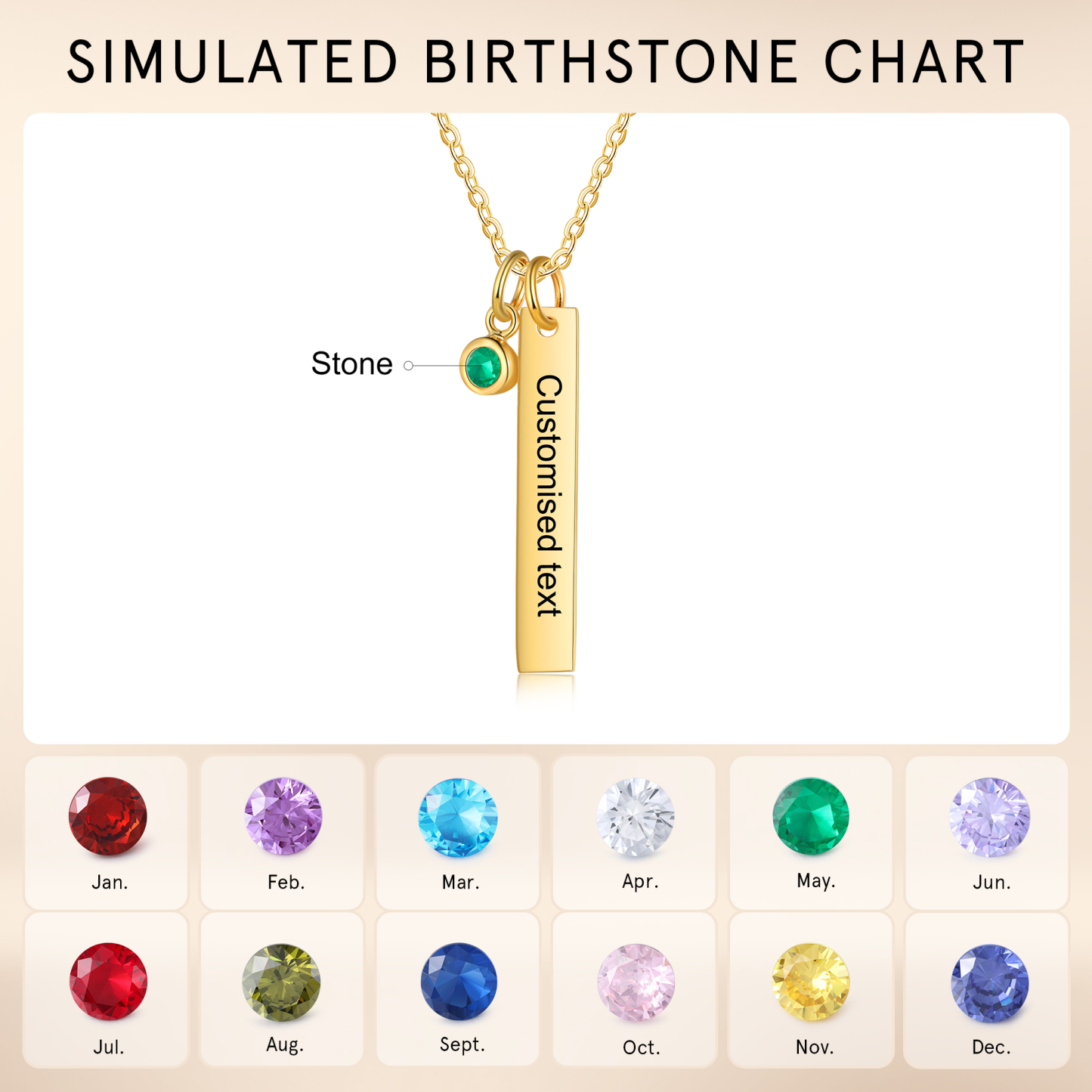 Collar con colgante de placa con 1-6 piedras de nacimiento personalizadas con texto-Jessemade ES