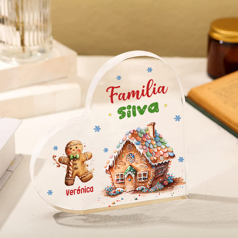 Navidad - Placa de acrílico en forma de corazón jengibres y su casa con 1 nombre y 1 texto personalizados-Jessemade ES