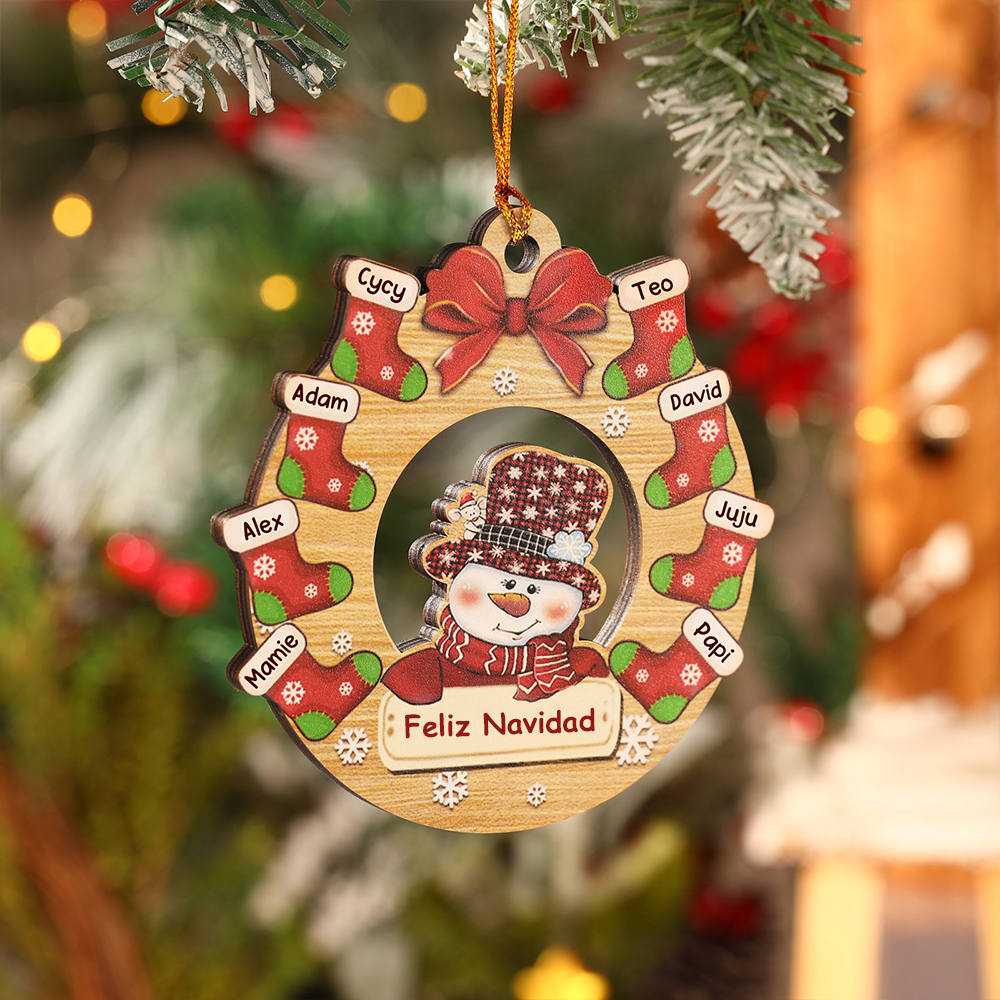 Navidad-Ornamentos Navideños de Madera Muñecos de Nieve y Calcetines 8 Nombres con Texto Personalizados-Jessemade ES