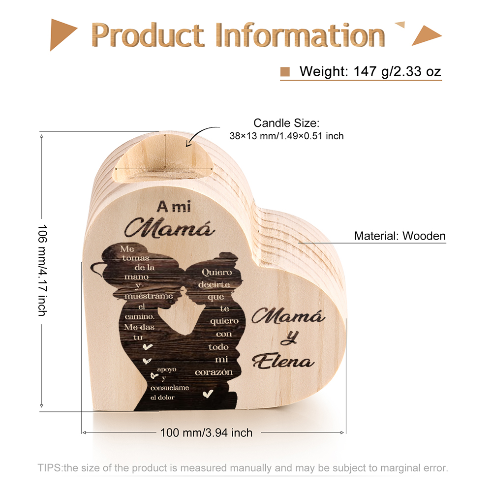 A mi mamá-Candelero con nombres personalizados en forma de corazón de madera sin candela-Jessemade ES