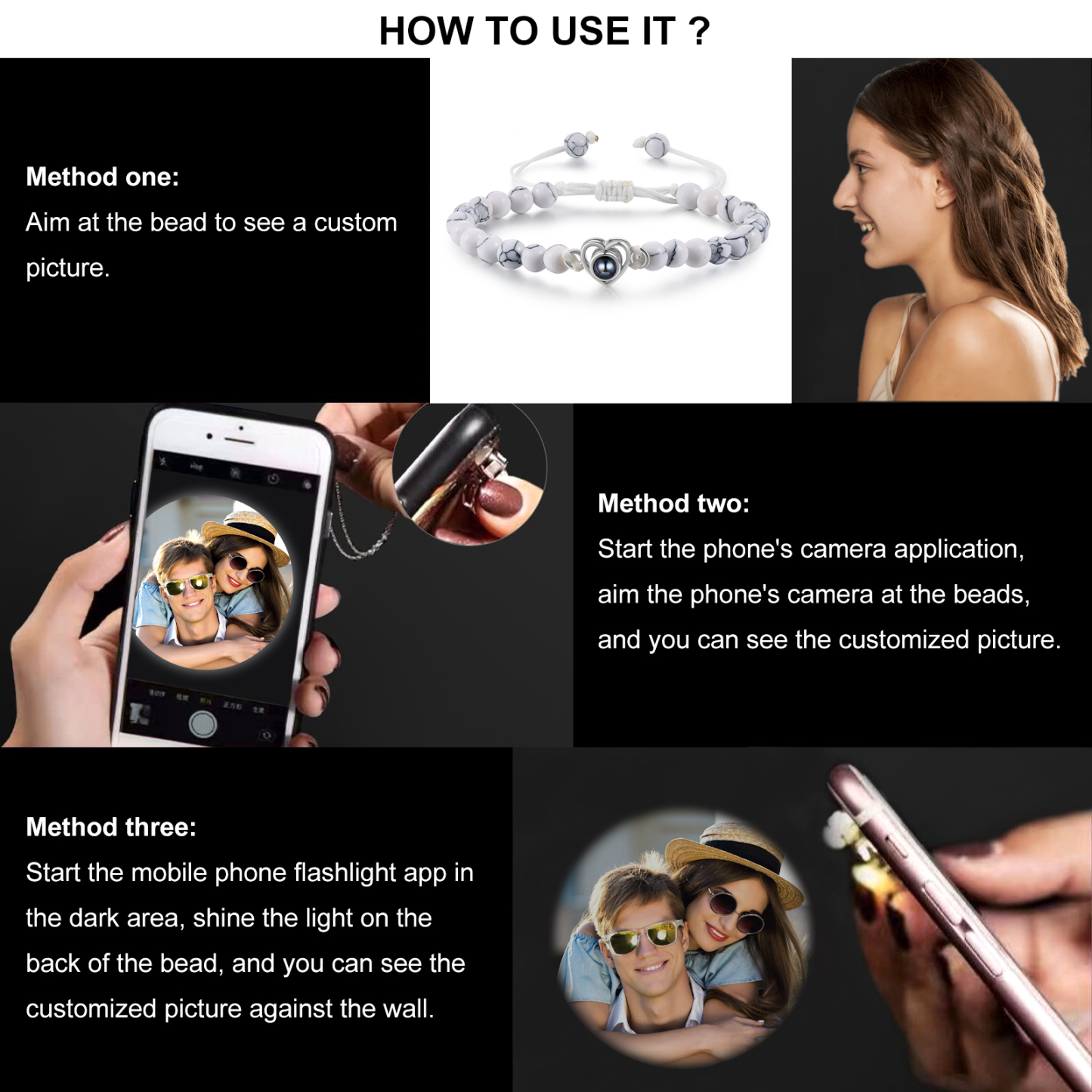 Pulsera de turquesa blanca sintética con proyección de foto en color con dije de corazón pulsera ajustable-Jessemade ES