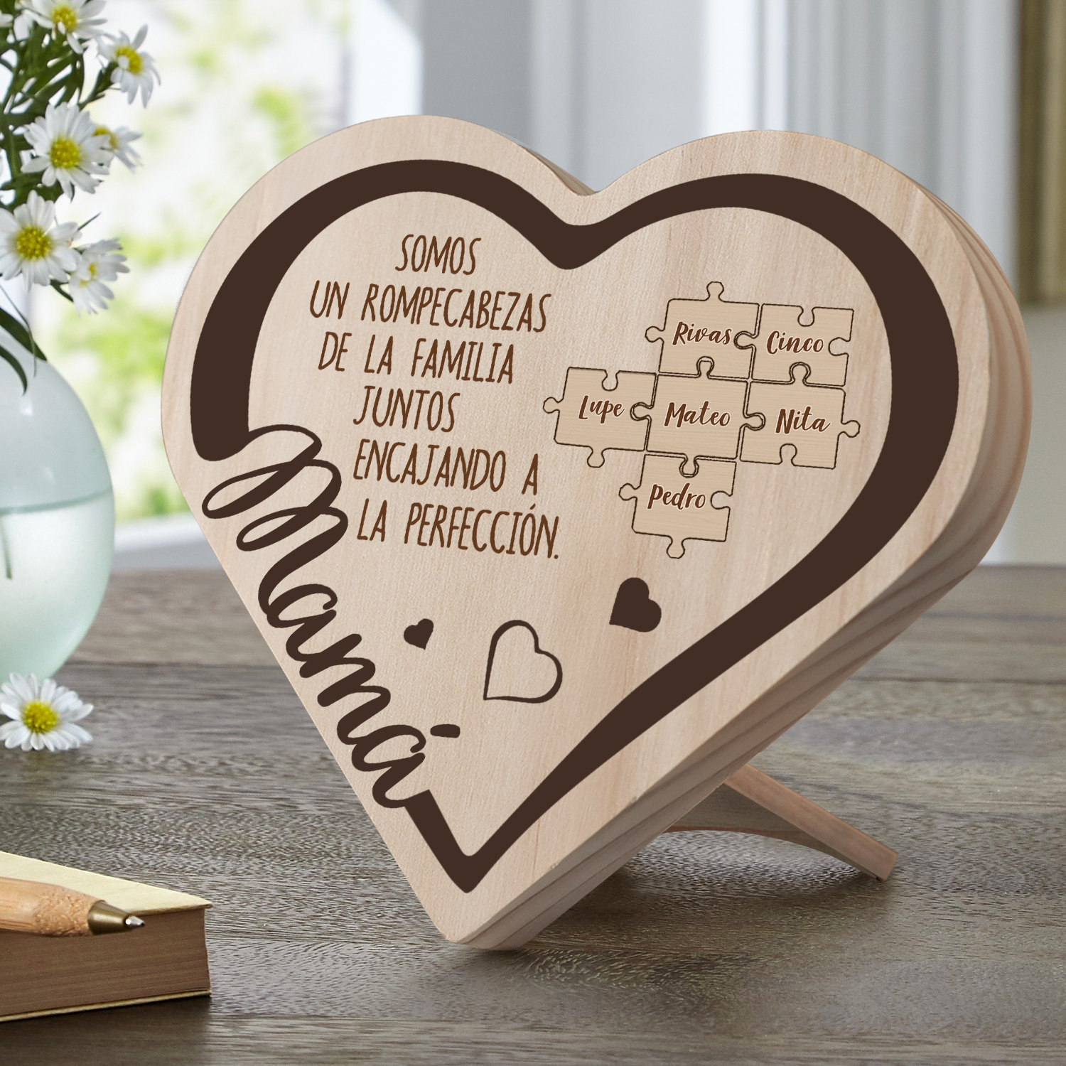 Adorno personalizado con 2-6 nombres decoración de madera en forma de corazón para mi mamá-Jessemade ES