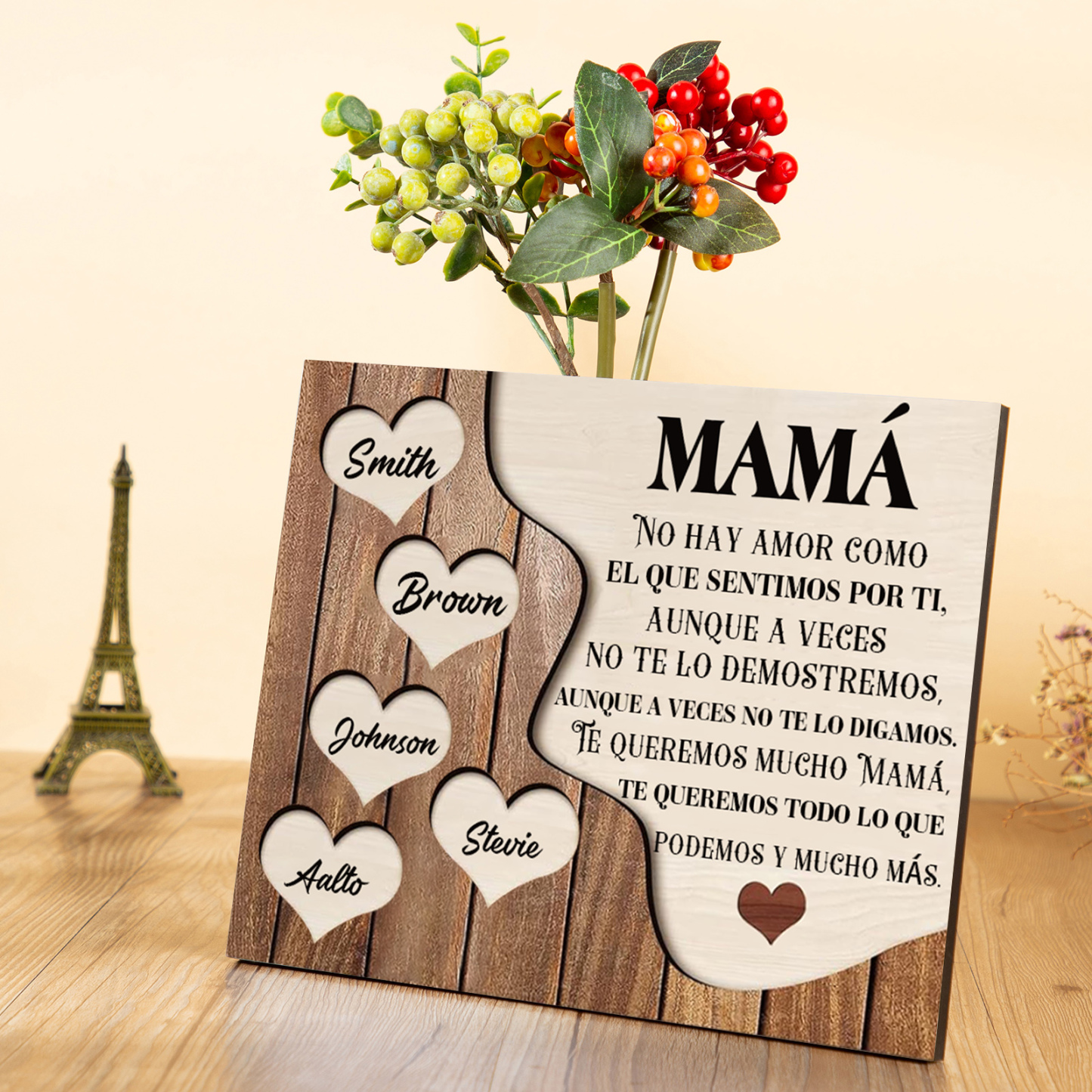 A mi mamá - Lámina 2-8 nombres personalizados marco de madera cara y corazones-Jessemade ES