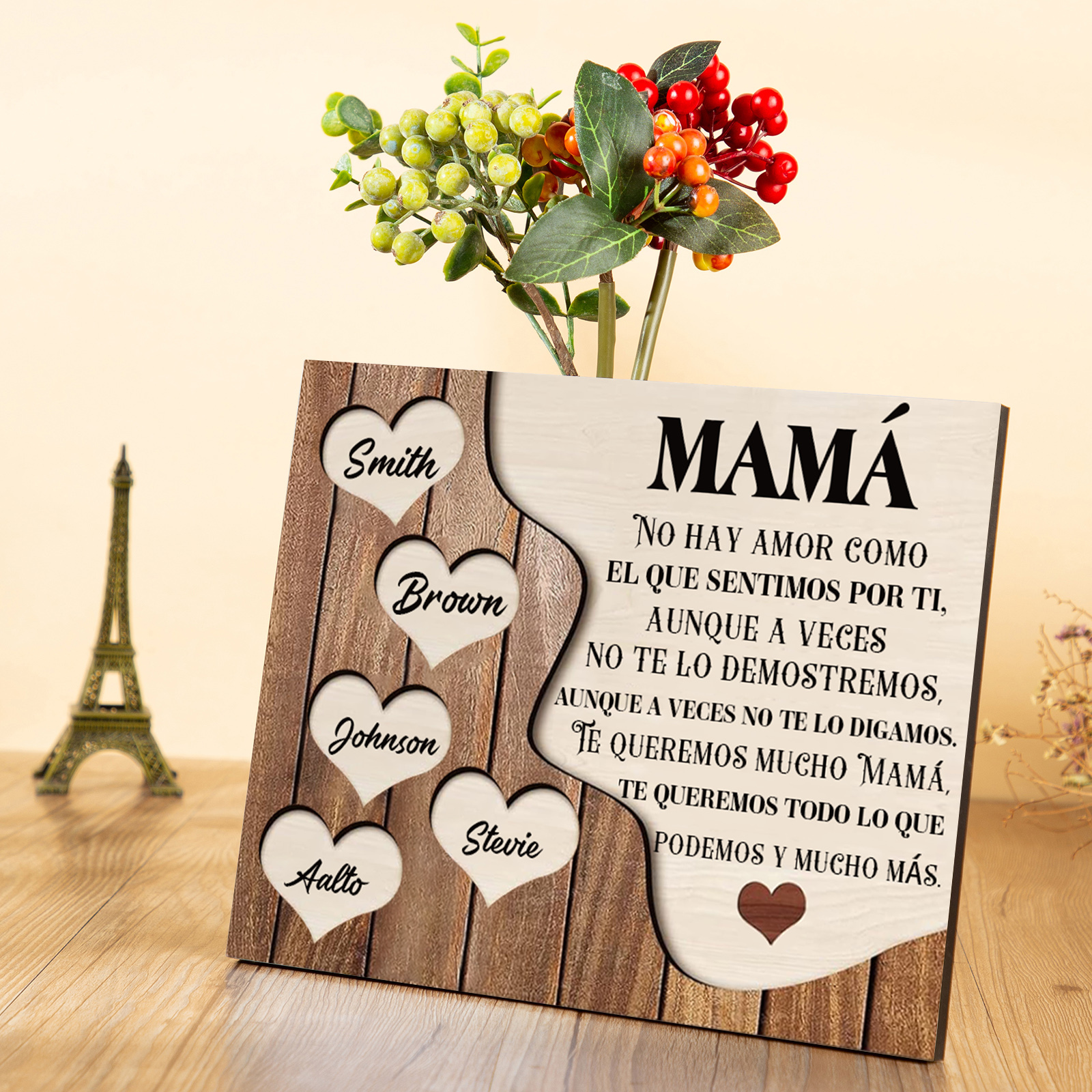 A mi mamá - Lámina 2-8 nombres personalizados marco de madera cara y corazones-Jessemade ES