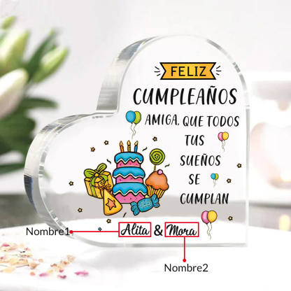 Cumpleaños-Placa de acrílico en forma de corazón para amiga con 2 nombres personalizados-Jessemade ES