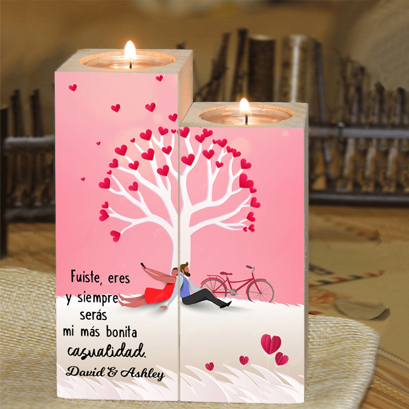 Candelero de árbol de amor para pareja de madera de dos piezas sin candela con 1 texto personalizado-Jessemade ES