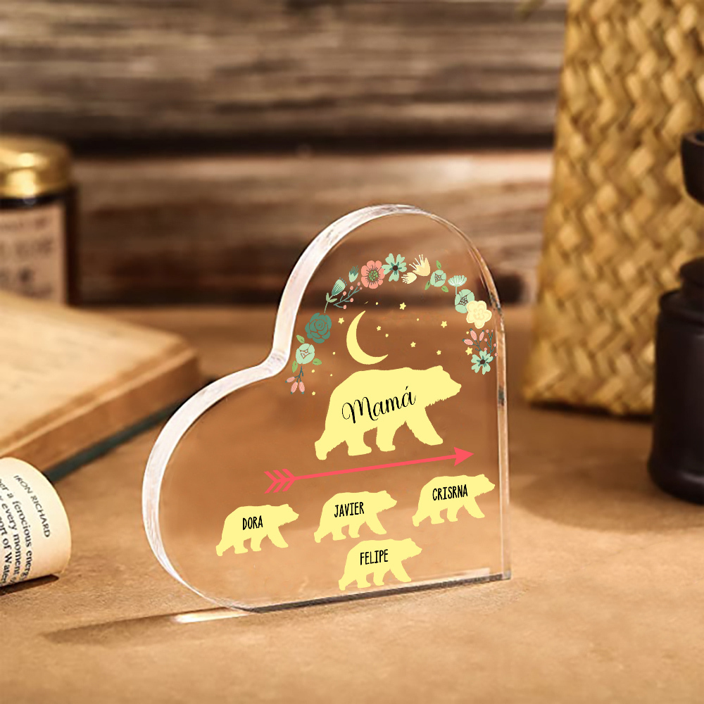 A mi mamá-Placa de acrílico en forma de corazón osos 1-6 nombres personalizados-Jessemade ES