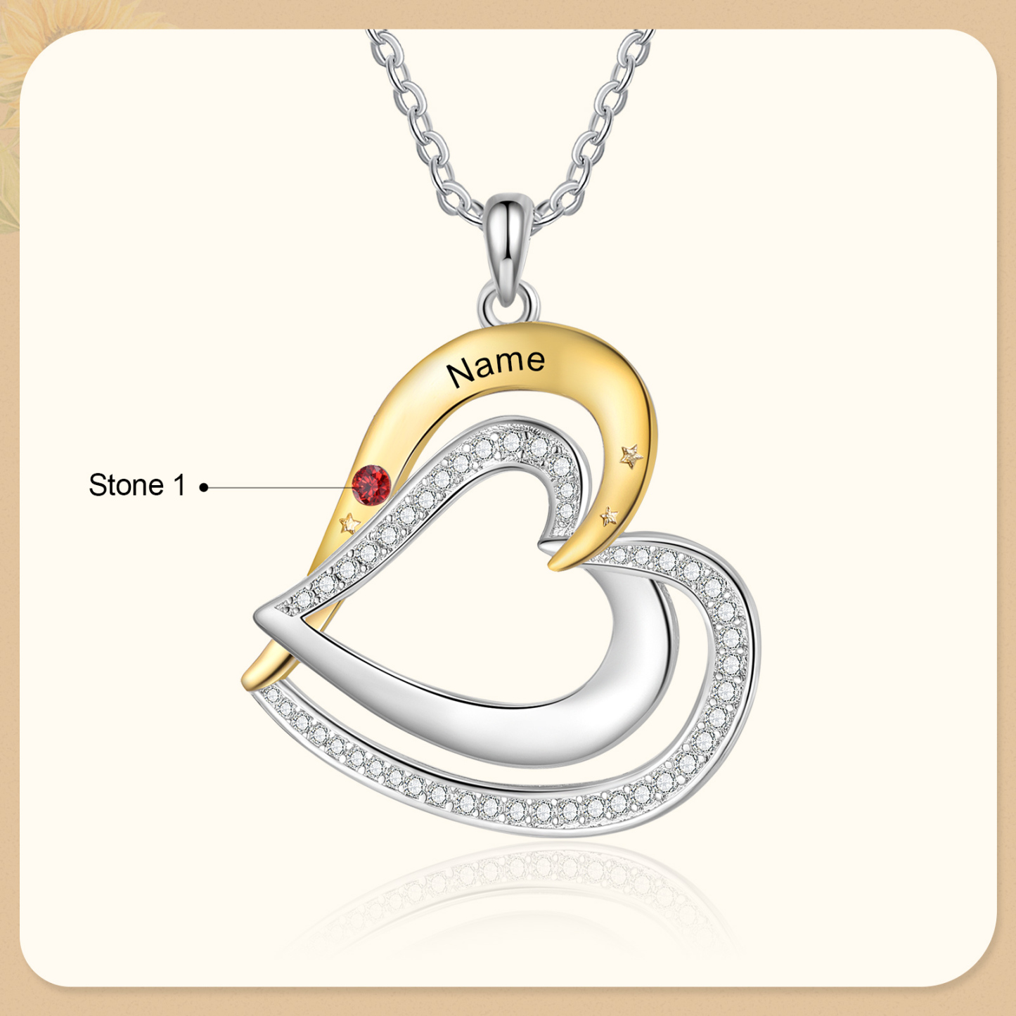 Collar de corazón con 1 nombre y piedra de nacimiento personalizados-Jessemade ES