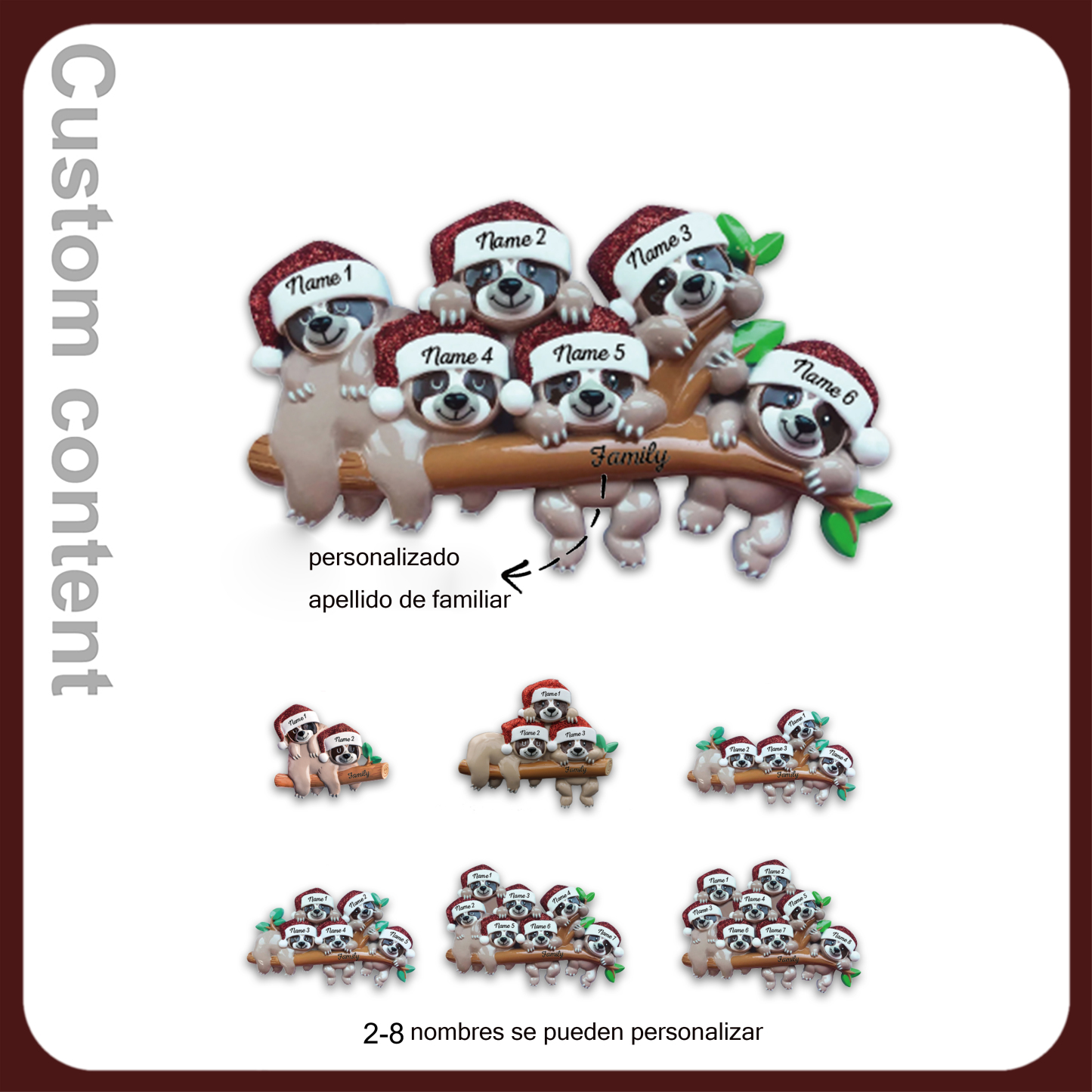 Navidad-Ornamento la familia de pereza 4 nombres y apellido personalizados adorno del árbol