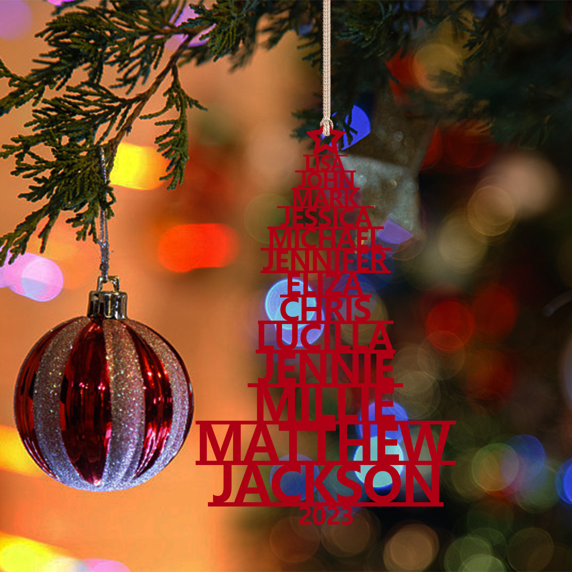 Navidad-Ornamento navideño de madera árbol de nombres con 13 nombres y año personalizados