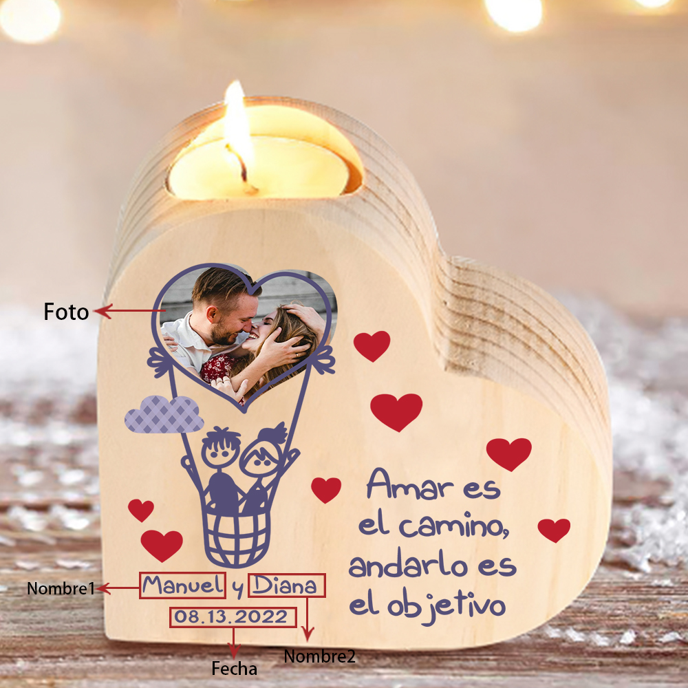 Candelero de madera globo aerostático para pareja sin vela personalizado con 2 nombres, fecha y foto-Jessemade ES