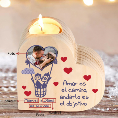 Candelero de madera globo aerostático para pareja sin vela personalizado con 2 nombres, fecha y foto-Jessemade ES