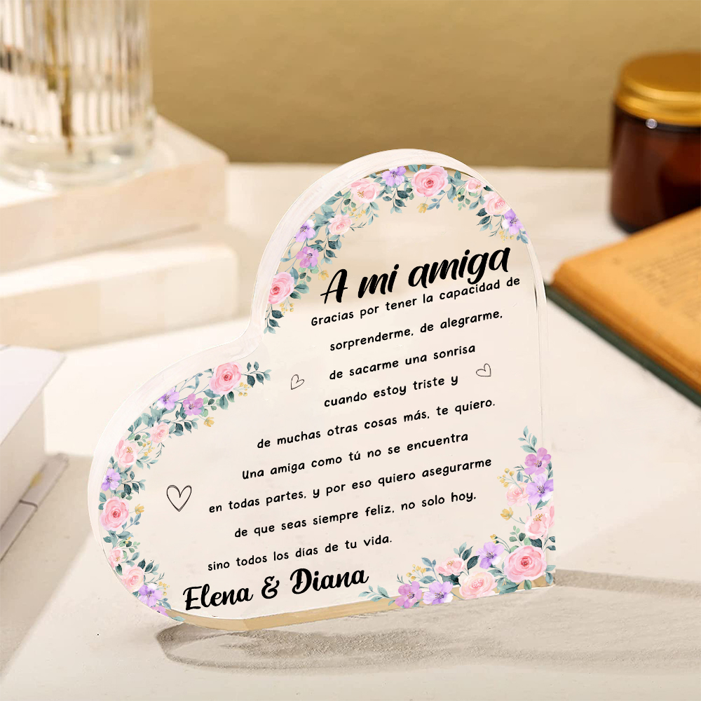 Placa de acrílico en forma de corazón para amiga con 1 texto personalizado-Jessemade ES