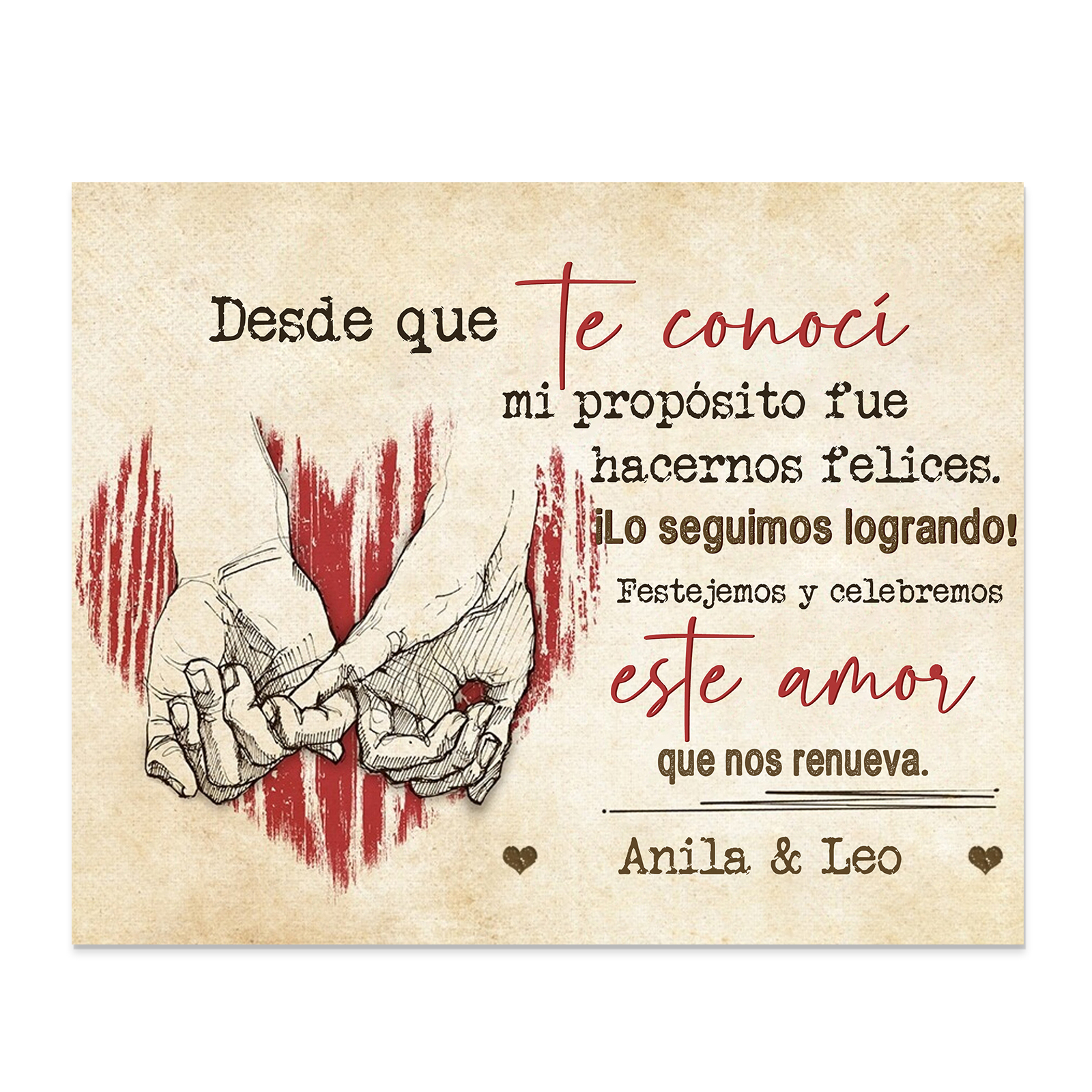 Lámina dedos cogidos marco de madera para pareja personalizado con 1 texto-Jessemade ES