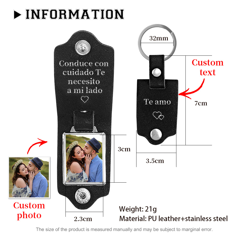 Llavero para pareja de cuero personalizado con 1 texto y foto-Jessemade ES