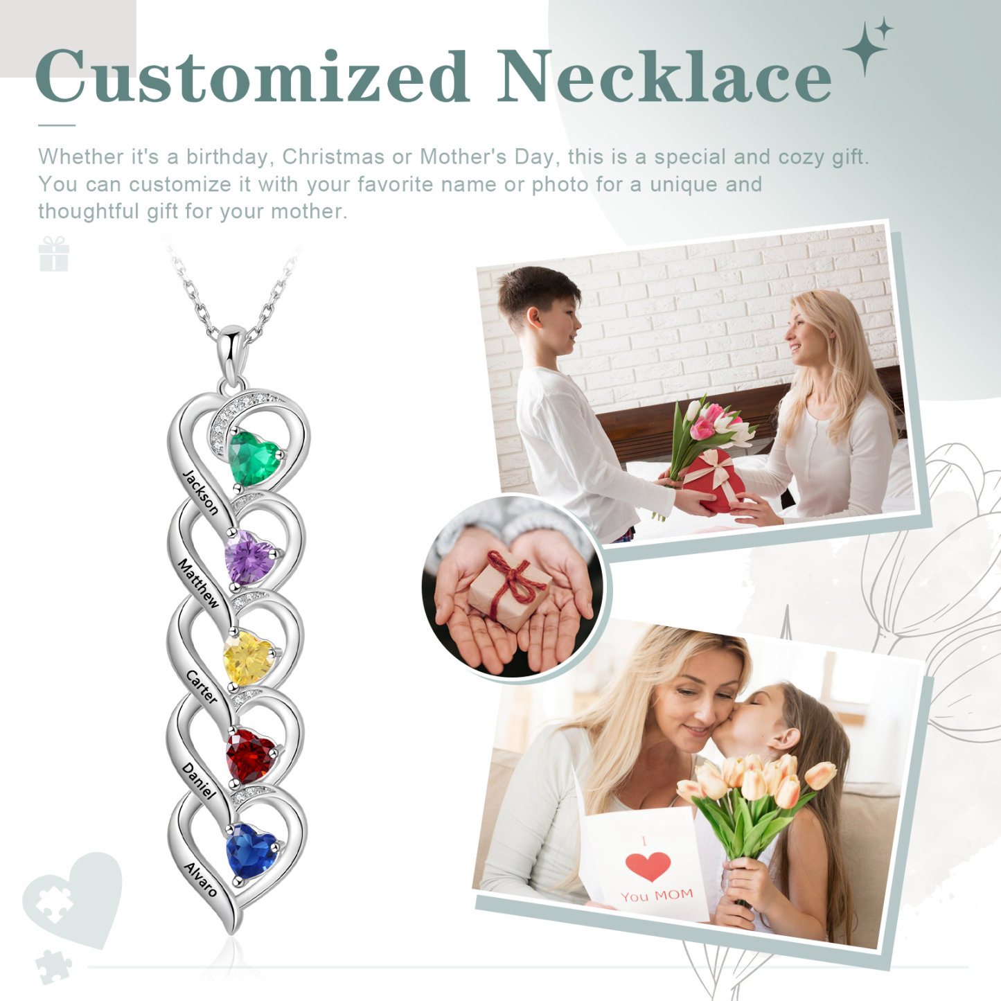 Collar de cinco corazones con 5 nombres y piedras de nacimiento personalizados-Jessemade ES