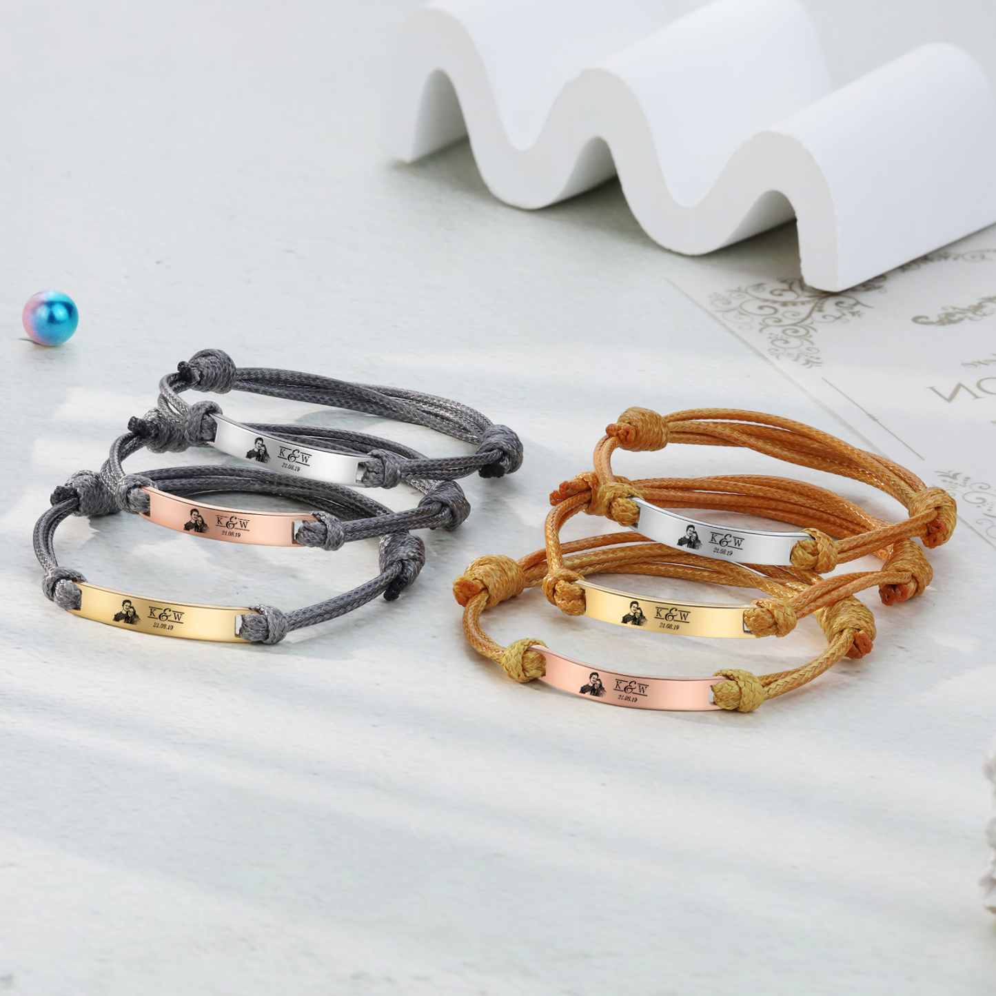 Pulseras de cuerda con placa personalizada con 2 letras, fecha y foto-Jessemade ES