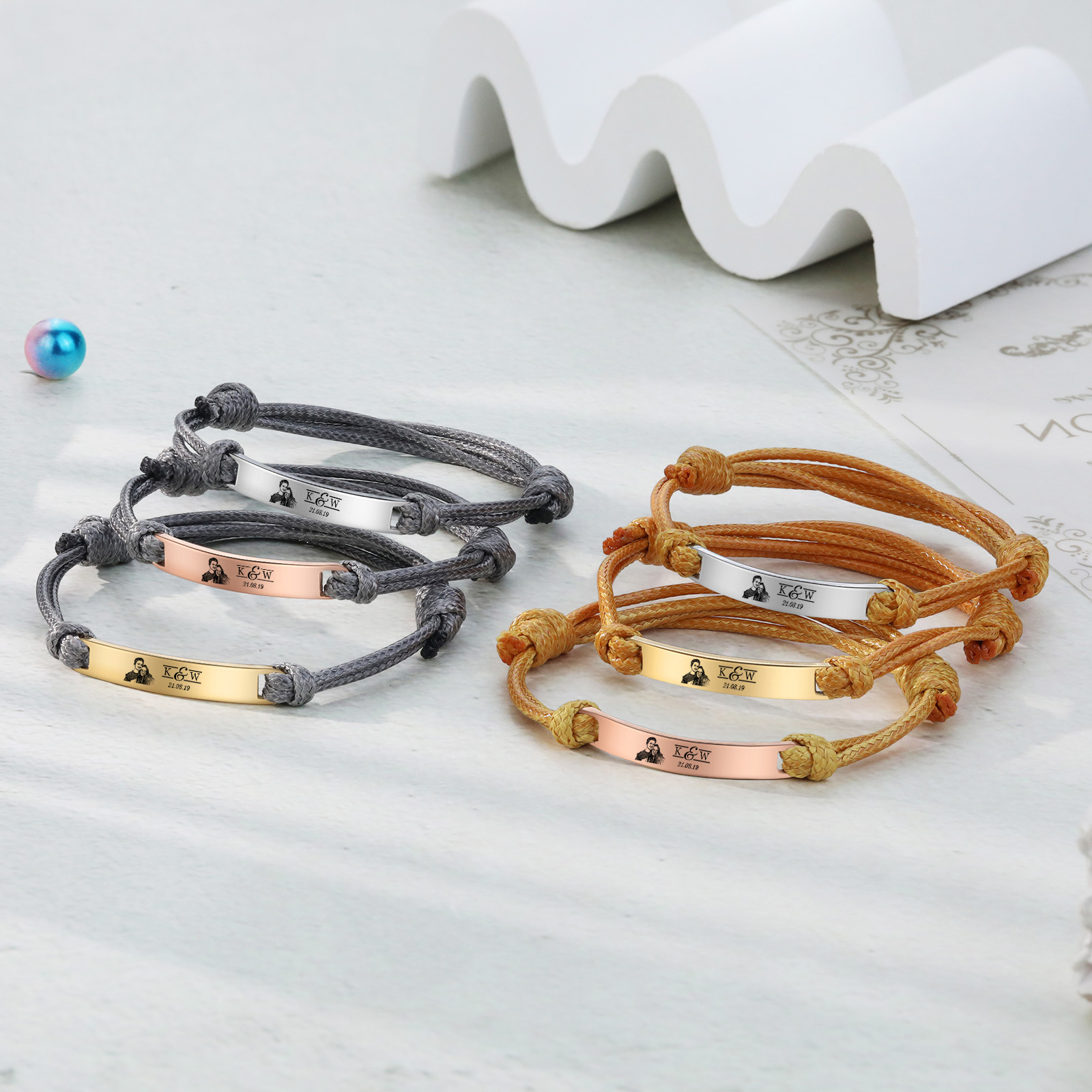 Pulseras de cuerda con placa personalizada con 2 letras, fecha y foto-Jessemade ES