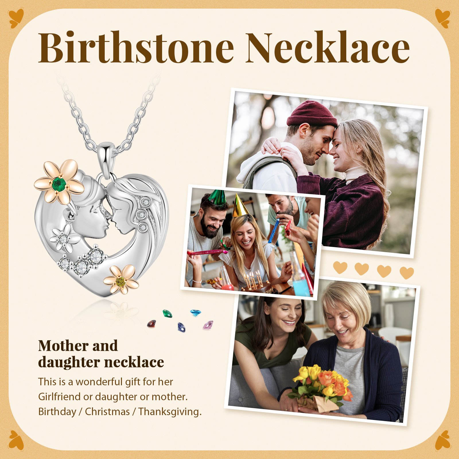 Collar de madre e hija con 2 piedras de nacimiento en forma de corazón-Jessemade ES