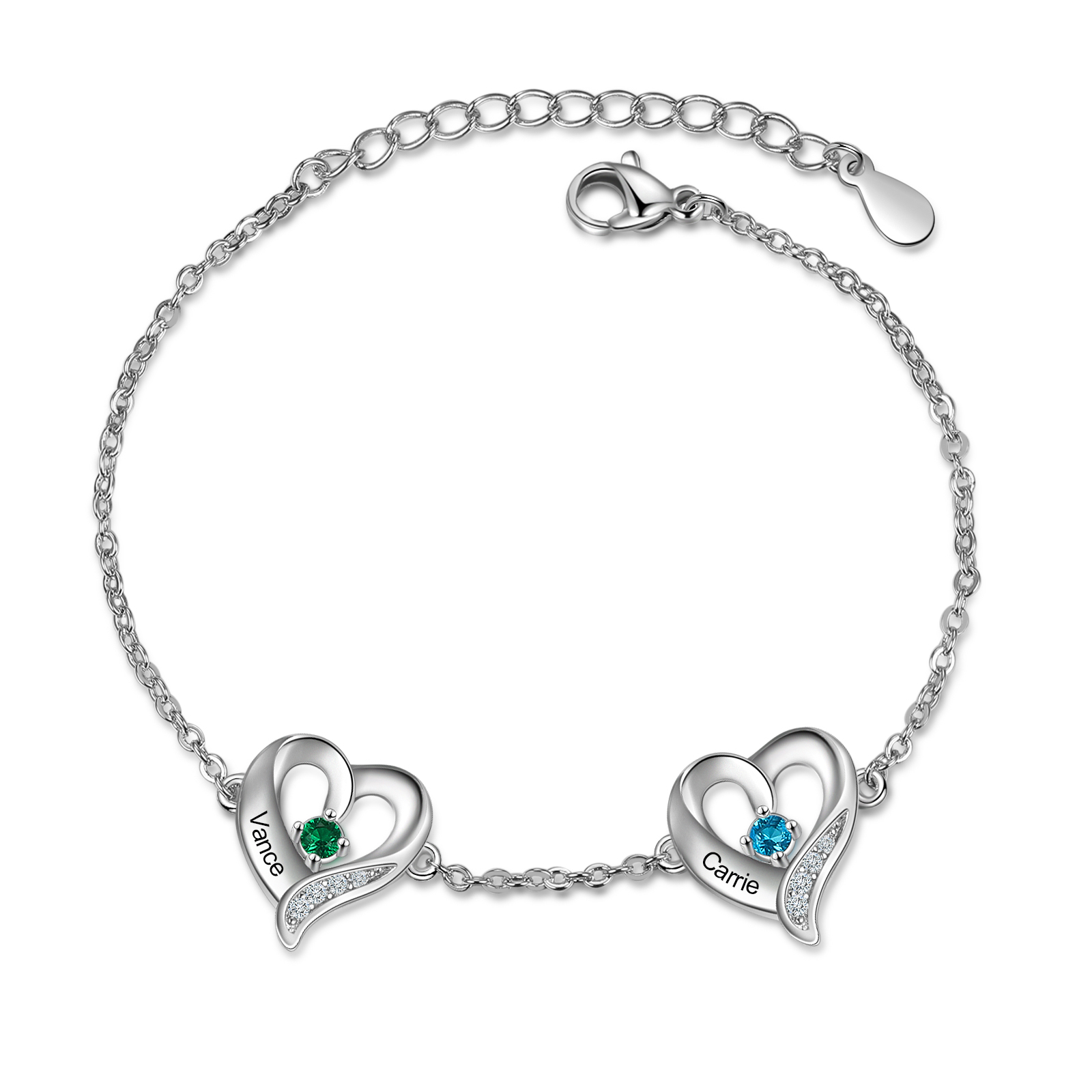 Pulsera de Corazones 2 Nombres Personalizados con 2 Piedras de Nacimiento-Jessemade ES